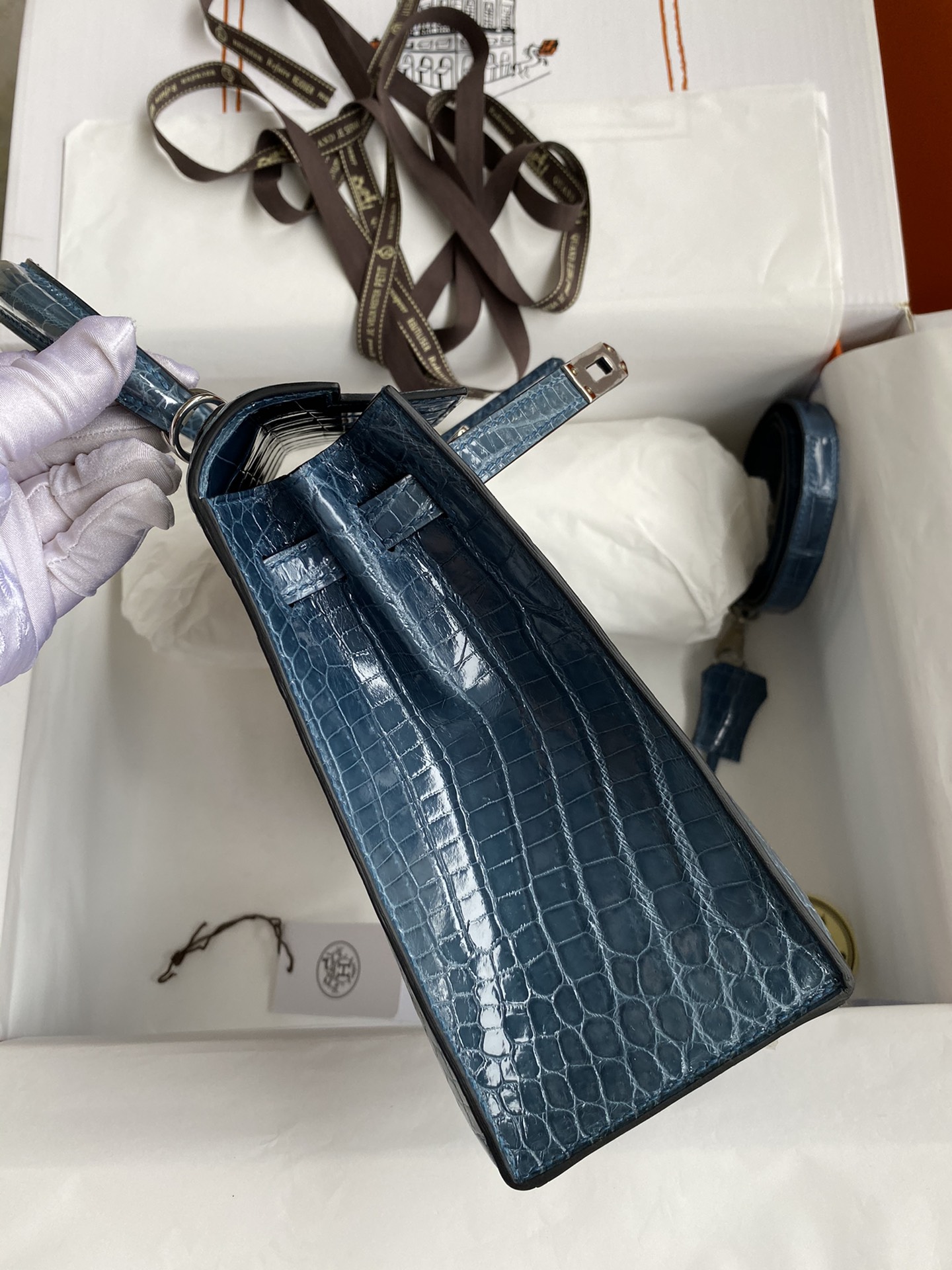 Hermes Kelly 25cm Handbag Shoulder Bag In Blue Jean Shiny Crocodile Niloticus Leather